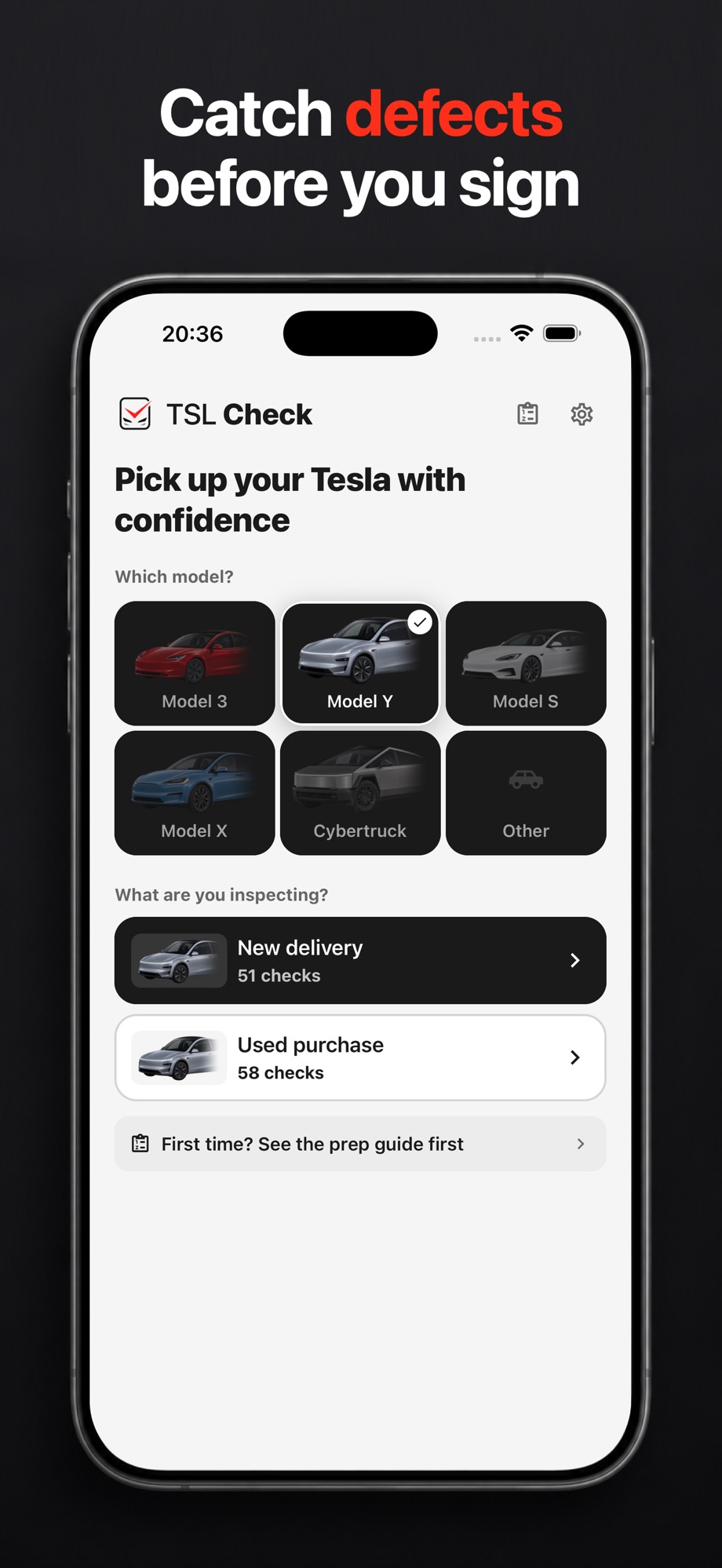 TSL Check — pick your model, then New delivery or Used purchase